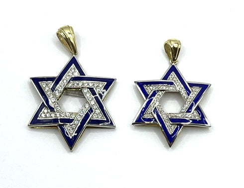 14K Gold & Diamond With Blue Enamel Star of David Necklace